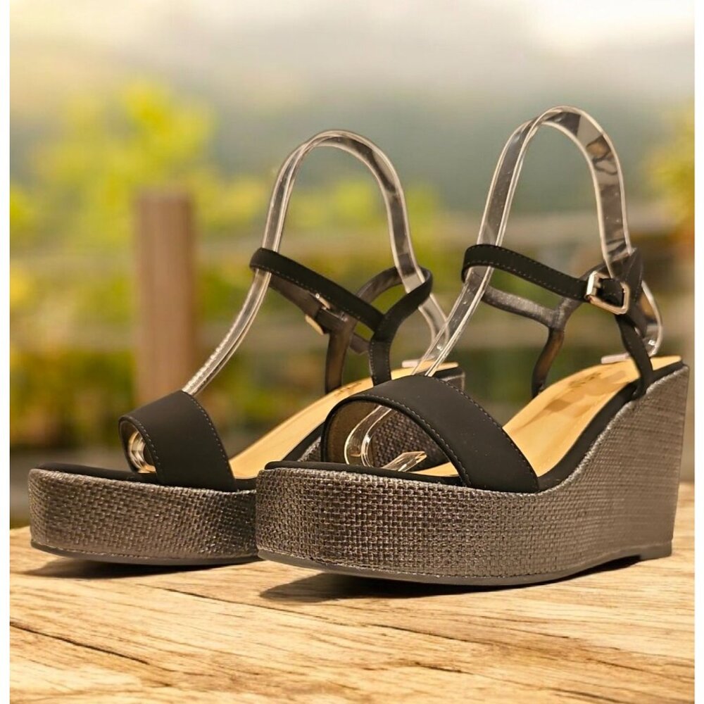 Black Wedge Sandals With Adjustable Straps & Metallic Detail - Womens Sole & Fab